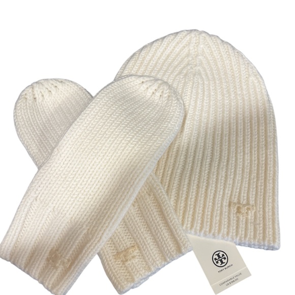 Tory Burch Cream Knit Hat and Mittens Set - Picture 3 of 14